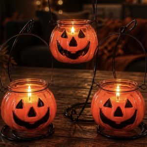 15 Ounce Glass Pumpkin Jack o Lantern with 9 inch Ornament Display Stand