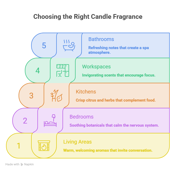 This image describes how to choose high-quality candles for everyday home fragrance according to the room type.