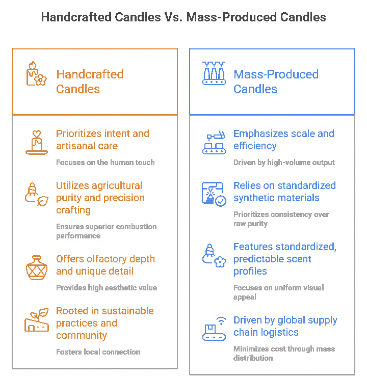 This image compares handcrafted candles vs. mass-produced candles by highlighting the key differences and attributes of each.