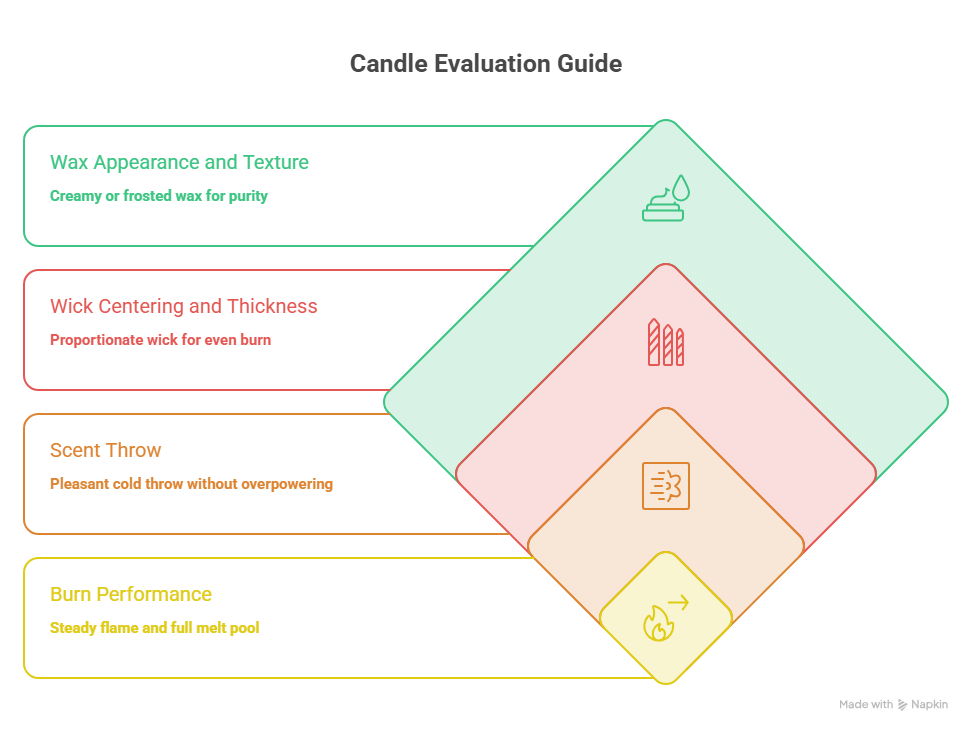 This image discusses how you can evaluate the clean scented candles quality by describing the four common parameters.